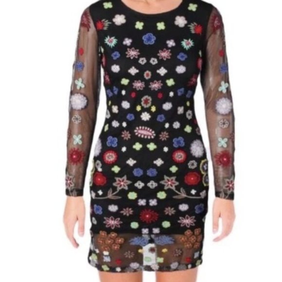 Aqua Capsule Black Embroidered Floral Sheer Bodycon Dress Size M - Picture 3 of 16
